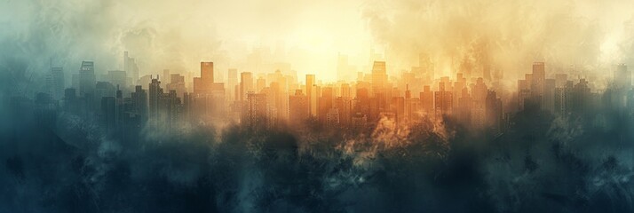 Cityscape shrouded in fog and golden light. AI generative. .