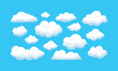 Collection of white cloud illustrations. Set of cartoon cloud in a flat design. White cloud collection. 