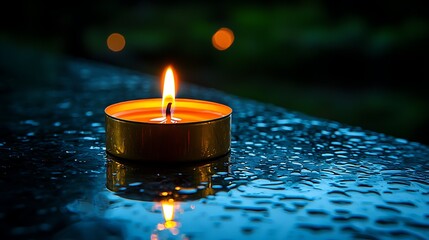 Lit candle on wet surface at night, background bokeh.
