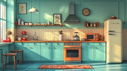 A retro kitchen with teal cabinets, a red mixer, and a cream refrigerator. AI generative. .