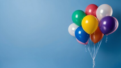 Obraz premium floating colorful balloons on plain blue background with space for text