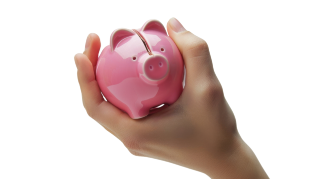 Hand holding piggy bank on transparent background: savings and investment concept