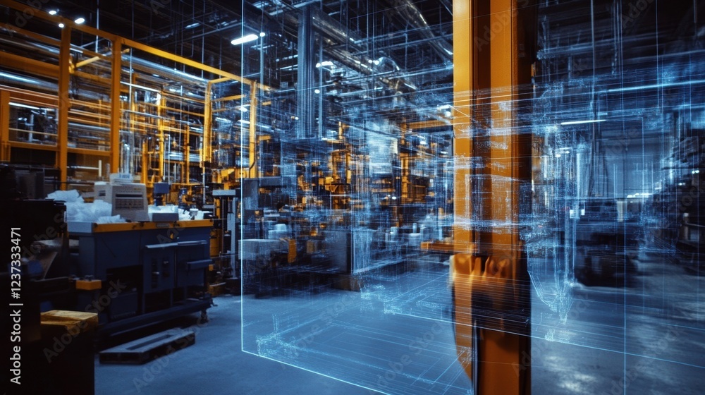 Poster futuristic machinery and equipment operating within an augmented reality environment enhance efficie