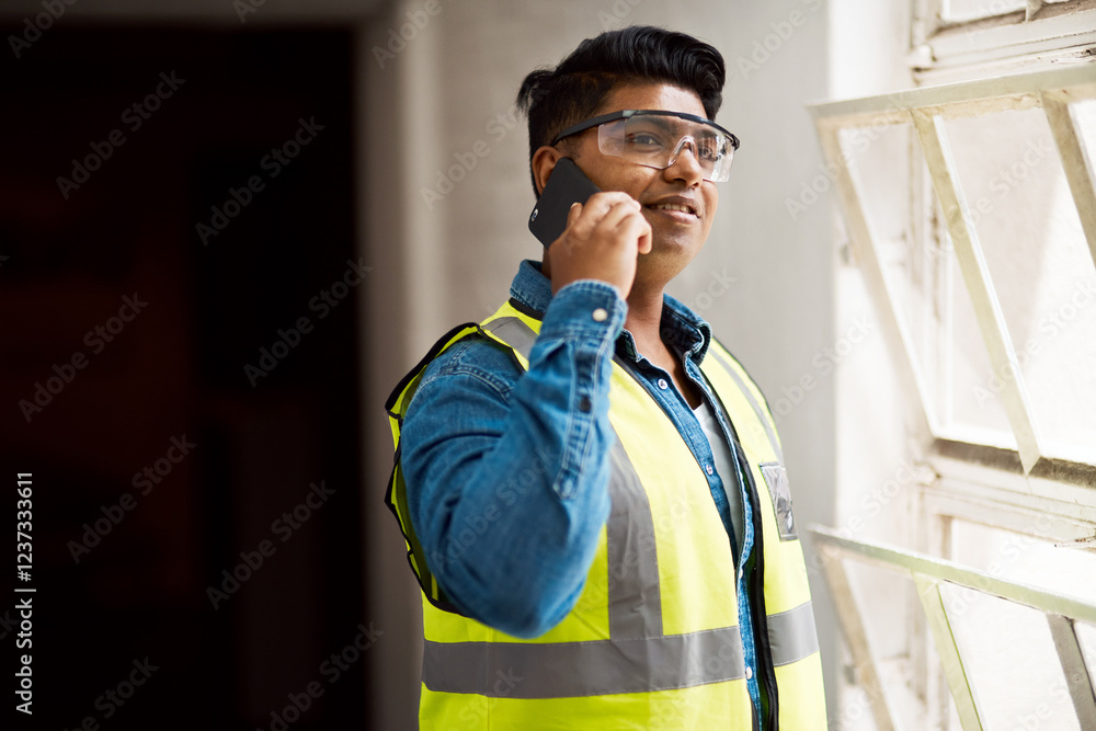 Poster Phone call, architect and man in conversation at construction site for project update by window. Mobile, engineer and talk to contact for communication, planning renovation and building development