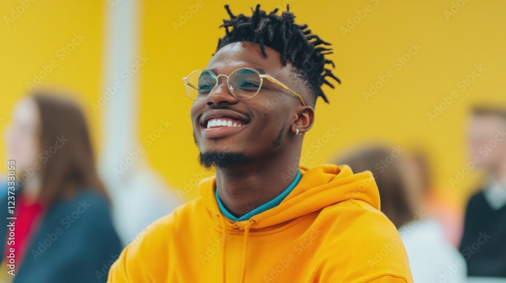 Aufkleber a smiling student in a vibrant orange hoodie enjoys the lecture while seated in a lively university 