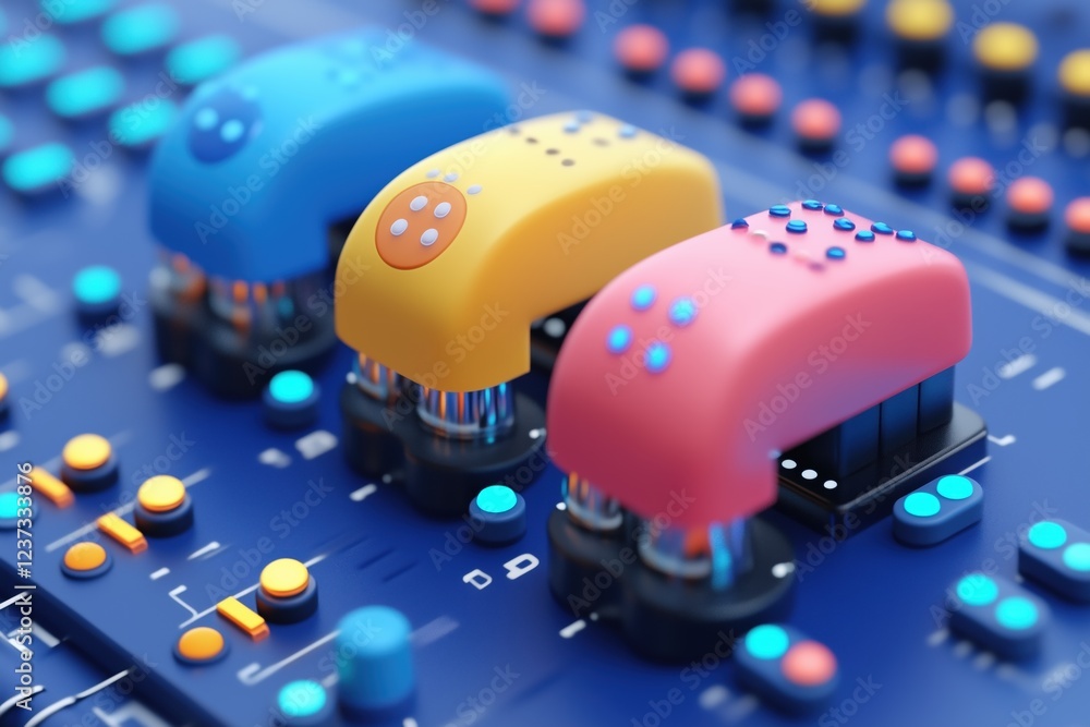 Poster a close-up view of colorful electronic components on a circuit board, featuring blue, yellow, and pi