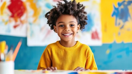 A joyful young boy with curly hair enjoys a painting activity, surrounded by vibrant art in a colorful setting