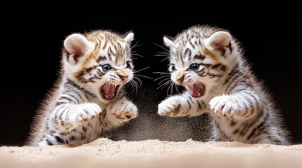 Obraz premium Playful Bengal kittens fighting on sand, black background, pet photography