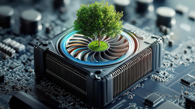 green plant growing on cpu RGB computer cooling fan with electronic boards, concept of green energy for Sustainability life.
