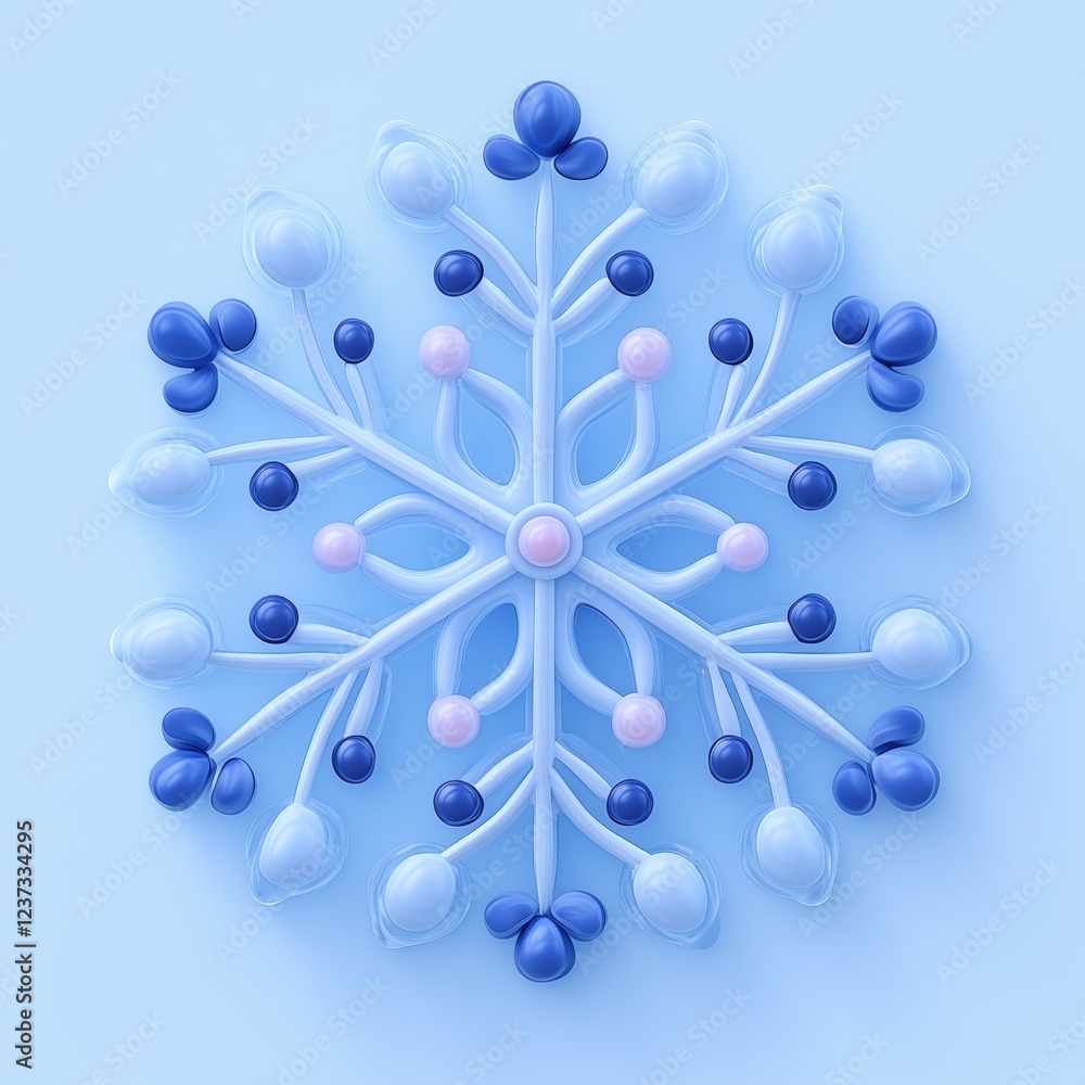 Poster a stylized snowflake design featuring a symmetrical arrangement of blue and pink elements on a light
