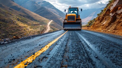 Yellow bulldozer drives up a mountain road, the ground is freshly paved with asphalt. AI generative. .