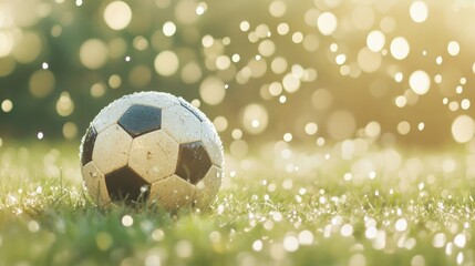 Obraz premium A classic soccer ball sits on lush, dewy grass while sunlight sparkles and creates a vibrant, fresh atmosphere in the morning