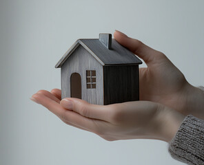 Hands holding a small wooden house model, symbolizing home ownership, real estate investment, and financial security