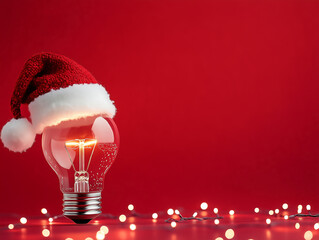 Creative Christmas concept with a glowing light bulb wearing a Santa hat on a festive red background with fairy lights