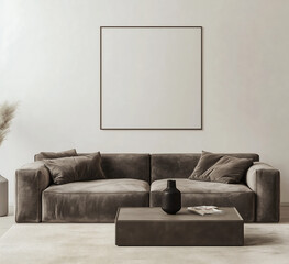 Luxury living room with a plush gray sofa, a square empty poster frame mock-up, and neutral modern interior design elements