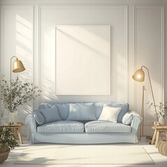 Luxury living room with a pastel blue sofa, golden lamps, and a large empty poster frame mock-up for stylish home decor inspiration