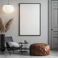 Minimalist reading corner with a leather ottoman, black chair, and an empty poster frame mock-up for modern wall art decor