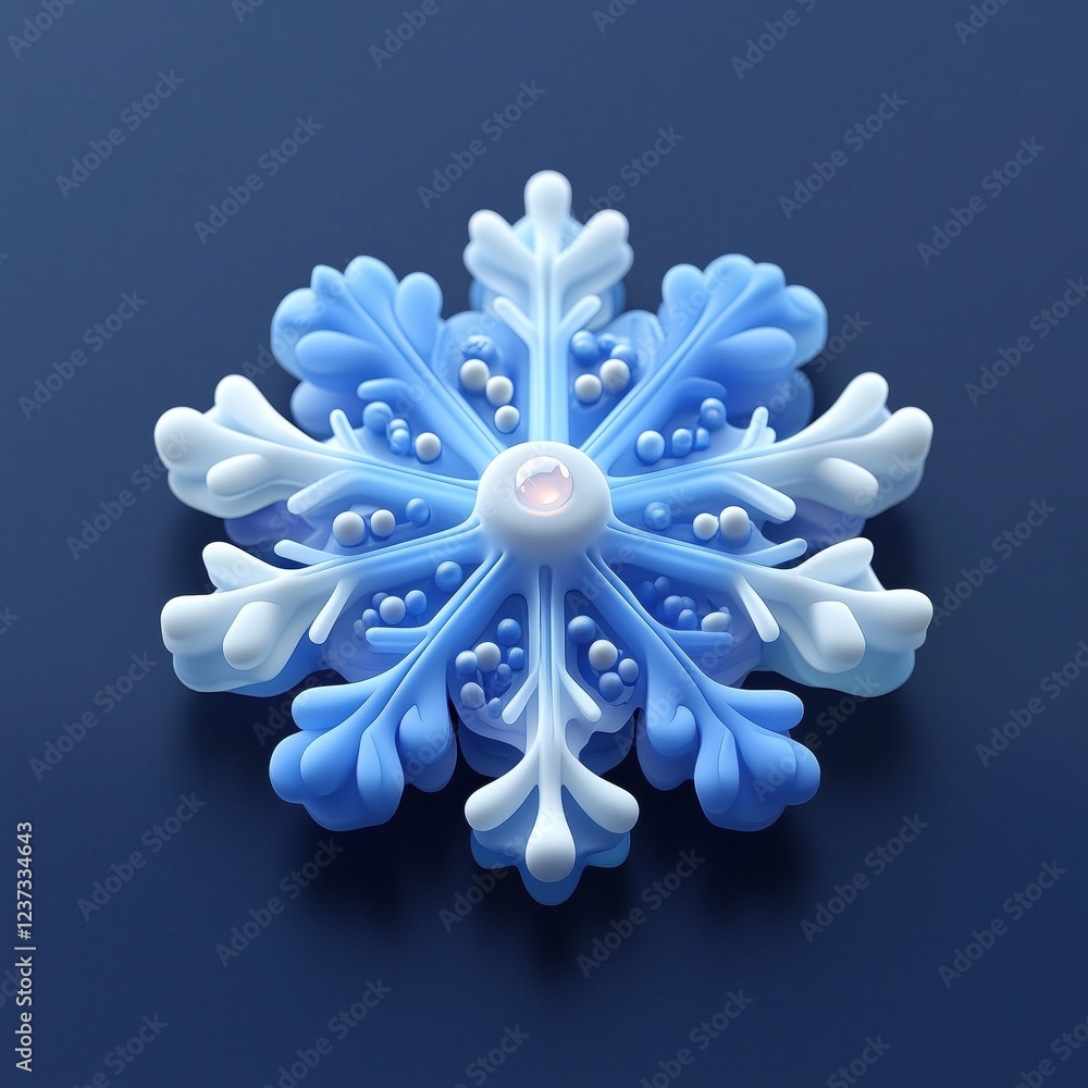 Poster a beautifully crafted snowflake design in shades of blue and white, featuring intricate patterns and