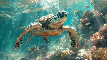 Obraz premium Sea turtle swims through coral reef with sunlight and bubbles. AI generative. .