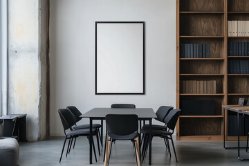 Modern conference room with black chairs, wooden bookshelves, and an empty poster frame mock-up for office wall decor