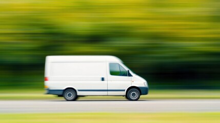 A speeding delivery van races past a blurred background of lush green foliage, emphasizing swift transportation on a clear day