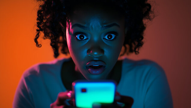 Young woman looking shocked at her smartphone screen, dramatic social media reaction concept with colorful lighting