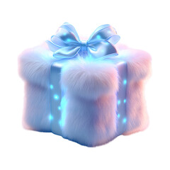 Fluffy 3D Cartoon Gift Box with Glowing Ribbons and Blue Bow Isolated on Transparent Background