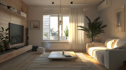 Fototapeta premium A cozy living room with natural light, plants, and modern furnishings.