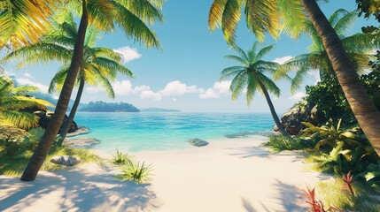 Tropical beach paradise with clear blue water, white sand, and lush palm trees under a clear sky