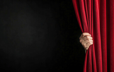 Hand pulling back a red theater curtain with copy space, dramatic concept symbolizing anticipation, performance, and the beginning of a show