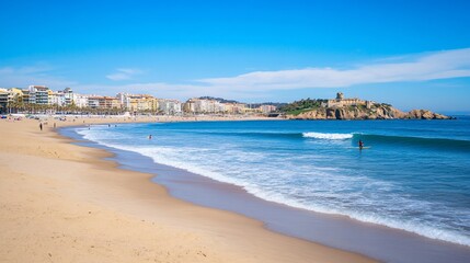 Beautiful Coastal Scene with Sandy Beach, Surfer, and City Skyline on a Sunny Day