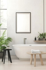 Luxury spa-inspired bathroom with a freestanding bathtub, large windows, and an empty poster frame mock-up for wall art design