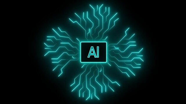 High tech neon circuit board. Glowing Cyan AI circuit animation. futuristic digital Data moving on Circuit Board