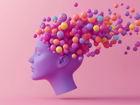 Creative surreal 3D illustration of a female head with colorful spheres exploding from the mind, symbolizing imagination and thoughts