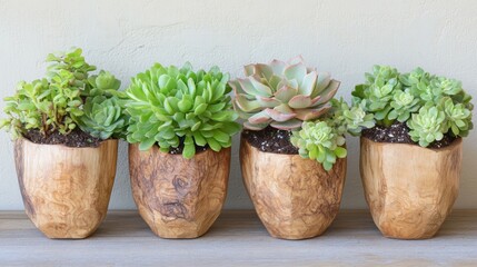 Handcrafted wooden pots hold vibrant succulents arranged neatly on a rustic shelf, adding a touch of nature indoors