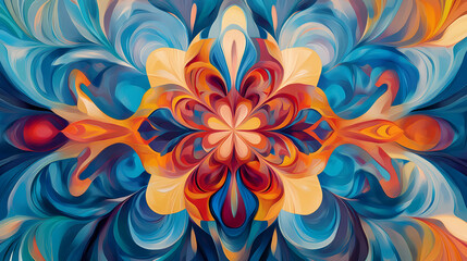 Fototapeta premium Mesmerizing abstract composition with swirling tendrils of blue, red, and yellow shapes, creating vibrant kaleidoscopic patterns. Kaleidoscopic Patterns. Illustration