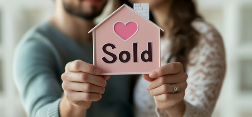 Happy couple holding a pink house-shaped sign with the word "SOLD," celebrating their new home purchase, real estate success concept