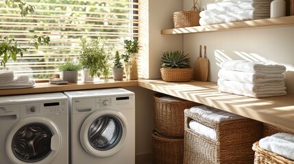 Clean white towels rest on open shelves next to a high-tech washing machine, creating a modern and refreshing laundry space with a serene feel.  