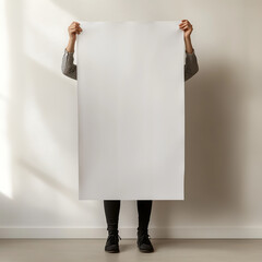 Person holding a large blank white poster in front of them, mock-up template for advertising, branding, and presentation design
