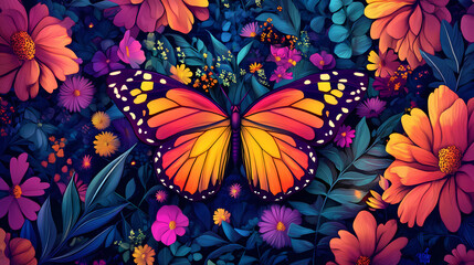 Vibrant butterfly surrounded by colorful floral patterns in a kaleidoscopic design. Kaleidoscopic Patterns. Illustration