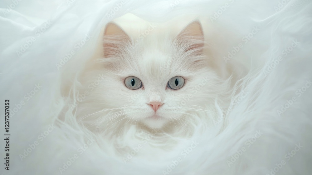 Poster a charming white cat gazes calmly from within a swirl of elegant silk fabric, creating a tranquil an