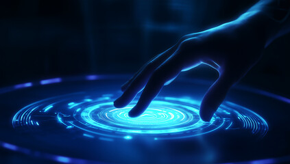 Hand reaching towards an illuminated high-tech digital interface representing future technology and innovation