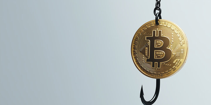 Golden Bitcoin coin caught on a fishing hook, representing cryptocurrency scams, investment risks, financial fraud, and cyber threats in digital finance