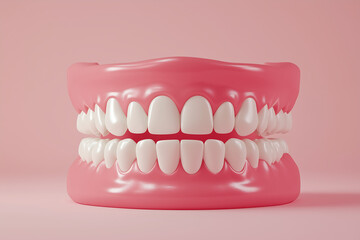 Obraz premium Realistic 3D-rendered set of dentures on a pastel pink background, representing dental care, oral health, and hygiene