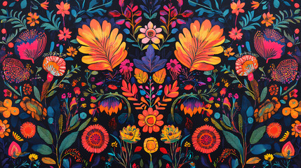 Vibrant kaleidoscopic floral tapestry featuring colorful patterns and intricate shapes. Kaleidoscopic Patterns. Illustration