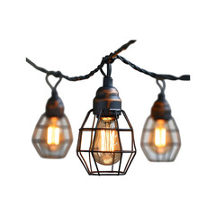 Vintage-Style String Lights with Three Bulbs Hanging from Ceiling Isolated on Transparent Background