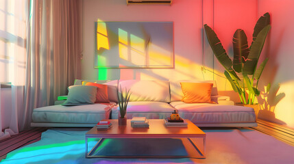 A vibrant living room with colorful light reflections and a cozy atmosphere.