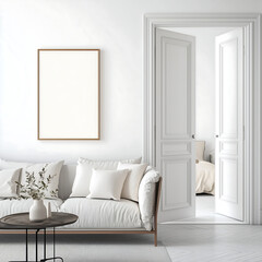 Bright and airy minimalist living room with an empty poster frame mock-up above a stylish white sofa, modern home decor inspiration