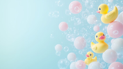 Floating yellow rubber ducks among soft pastel bubbles on a light blue background, representing childhood, playfulness, and bath time fun