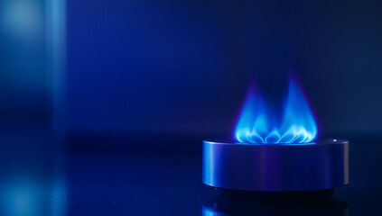 Close-up of a blue gas flame burning on a modern stovetop, representing energy, cooking, heating, and natural gas usage